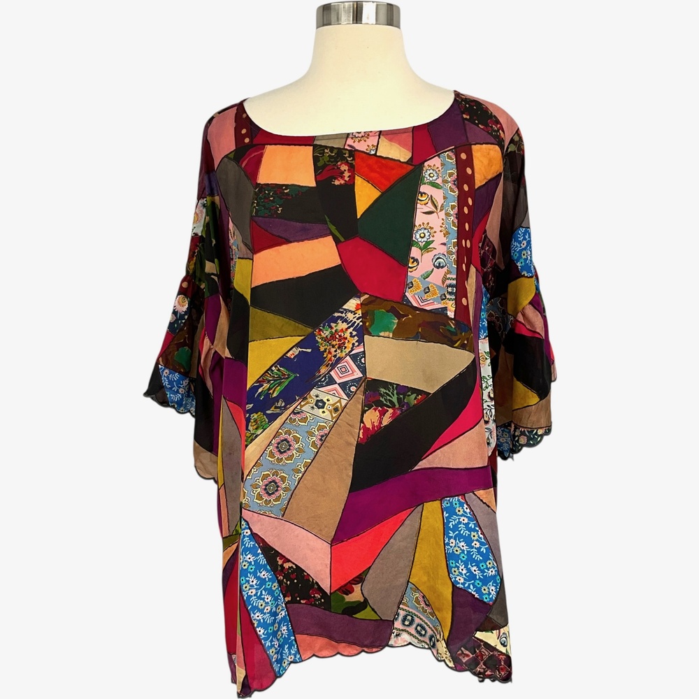 Johnny Was Silk Vintage Eloise Top Multi Womens XL Kimono Half Sleeve Patchwork